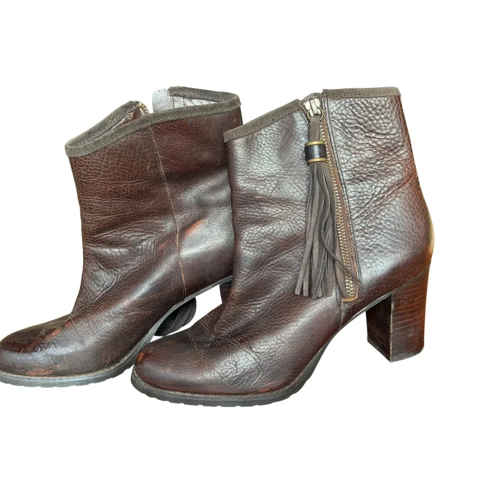 Lauren Ralph Lauren Womens‎ Brown Pebbled Leather Tassel Ankle Boots Size 8.5B